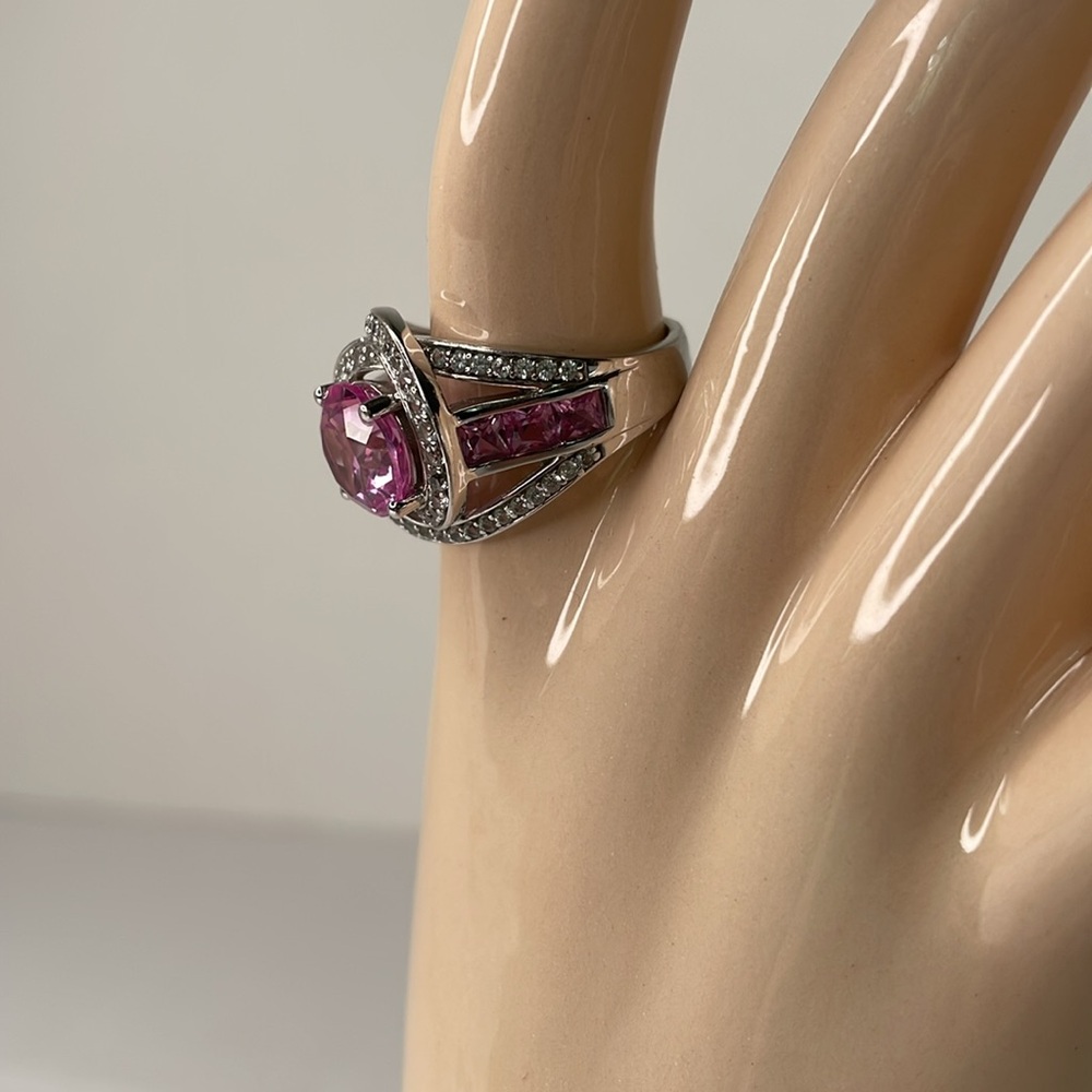 Ring Sterling Silver Pink Halo Ring by JMBR Cubic Zirconia Cocktail Bling Ring - Picture 2 of 10